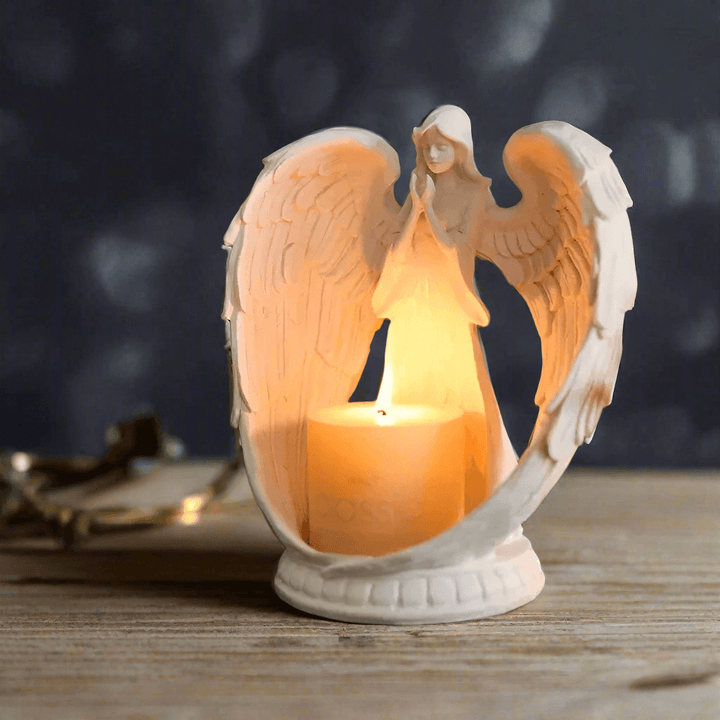 Guardian Angel Candle Holder with prayerful angel and lit candle, evoking warmth and vintage charm.