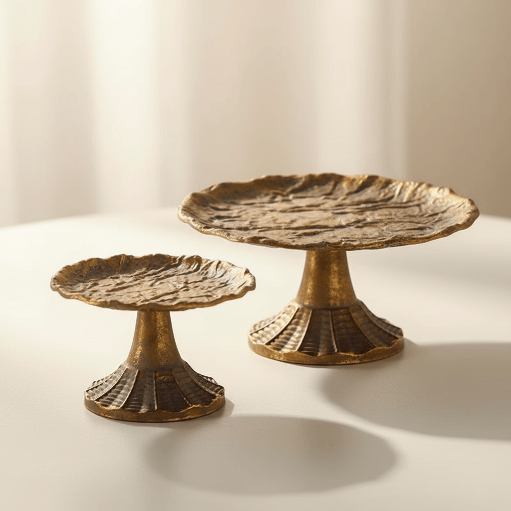 Two antique gold display stands on a light background