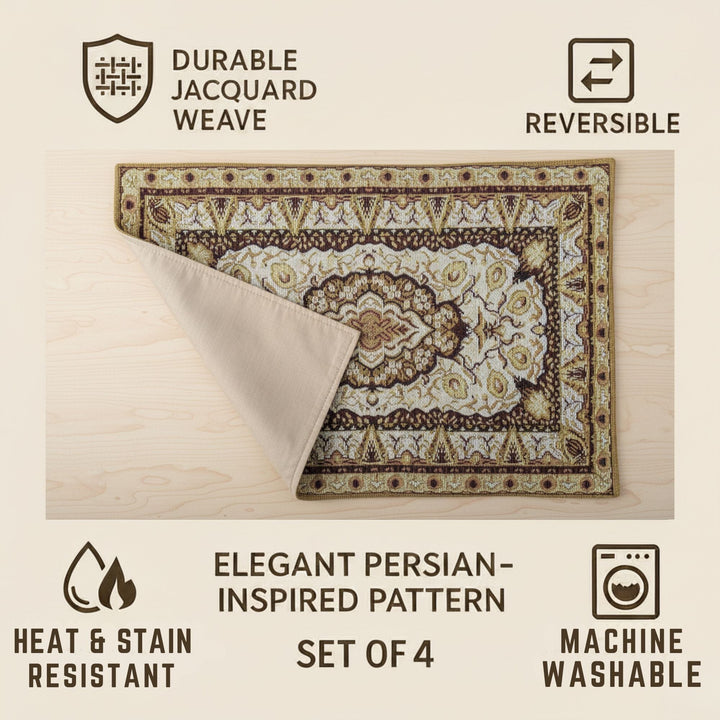 DaDa Bedding Set of 4-6 Pieces Royal Persian Style Rug Golden Brown Floral Tapestry Placemats 13” x 19” (18119)