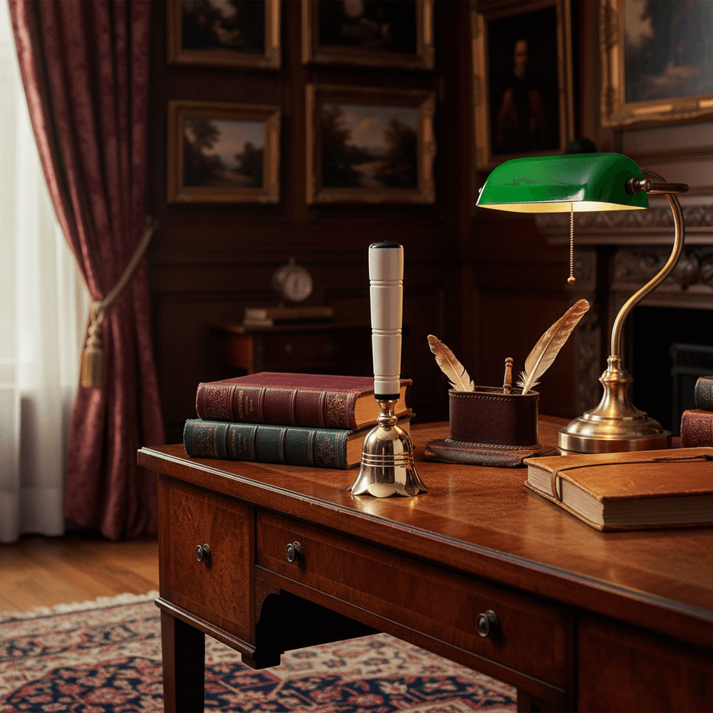Vintage Brass Hand Bell with Enamel Handle placed on antique desk in old world study