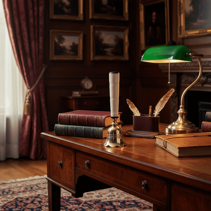 Vintage Brass Hand Bell with Enamel Handle placed on antique desk in old world study