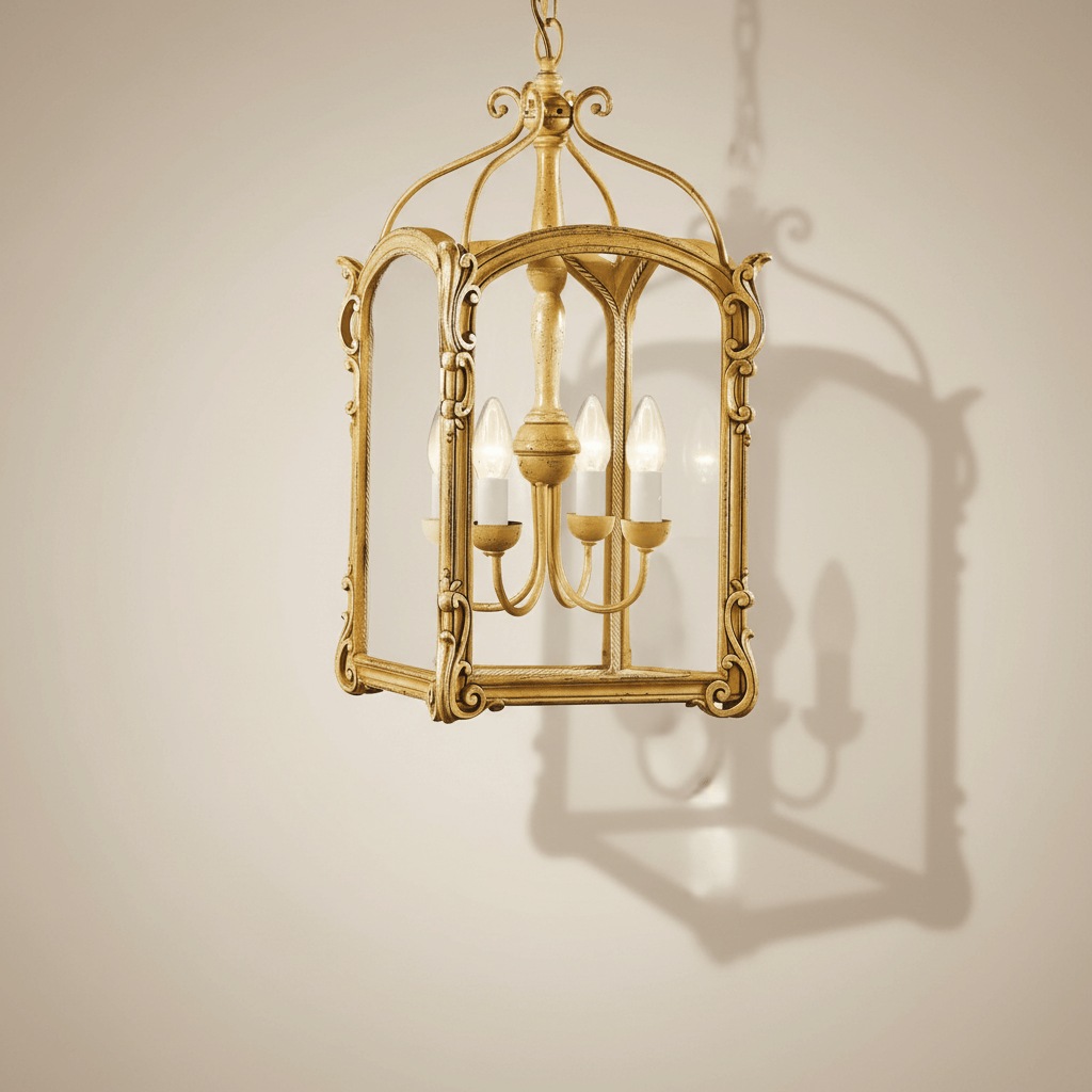 Gold ornate chandelier on a beige wall