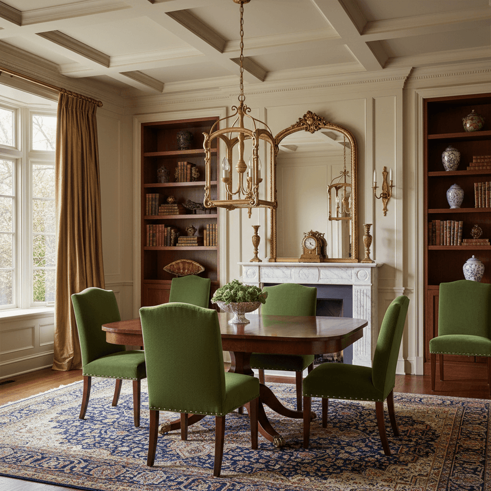 Dining room with wooden table, gold chandelier and green chairs, bookshelves, and a mirror.