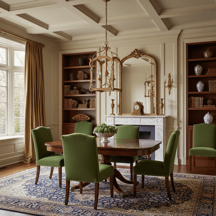 Dining room with wooden table, gold chandelier and green chairs, bookshelves, and a mirror.
