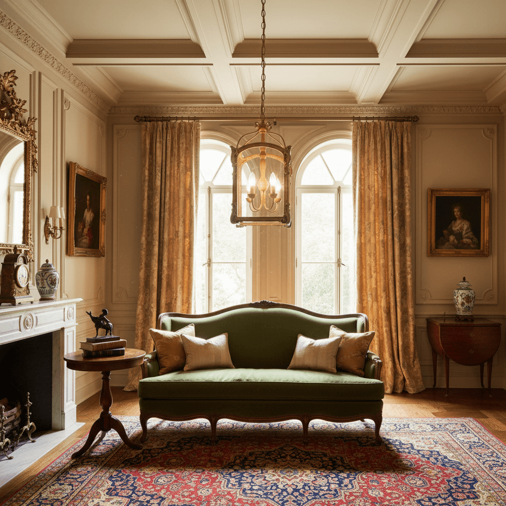 Luxurious living room with a green sofa, ornate chandelier, and classical decor.