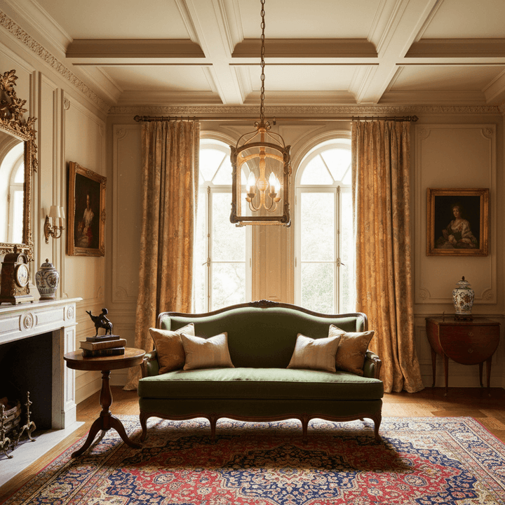 Luxurious living room with a green sofa, ornate chandelier, and classical decor.