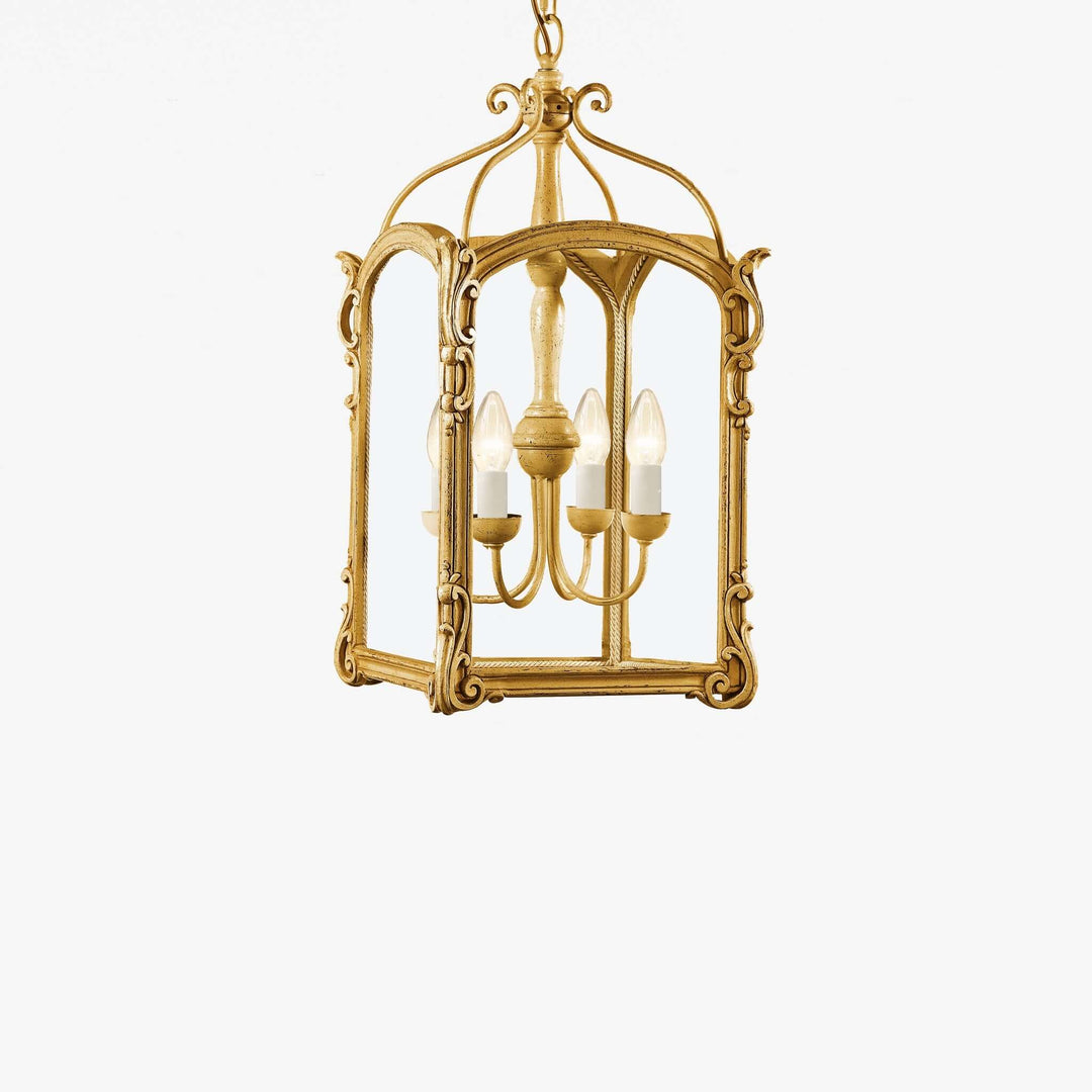 Gold lantern-style chandelier on a white background