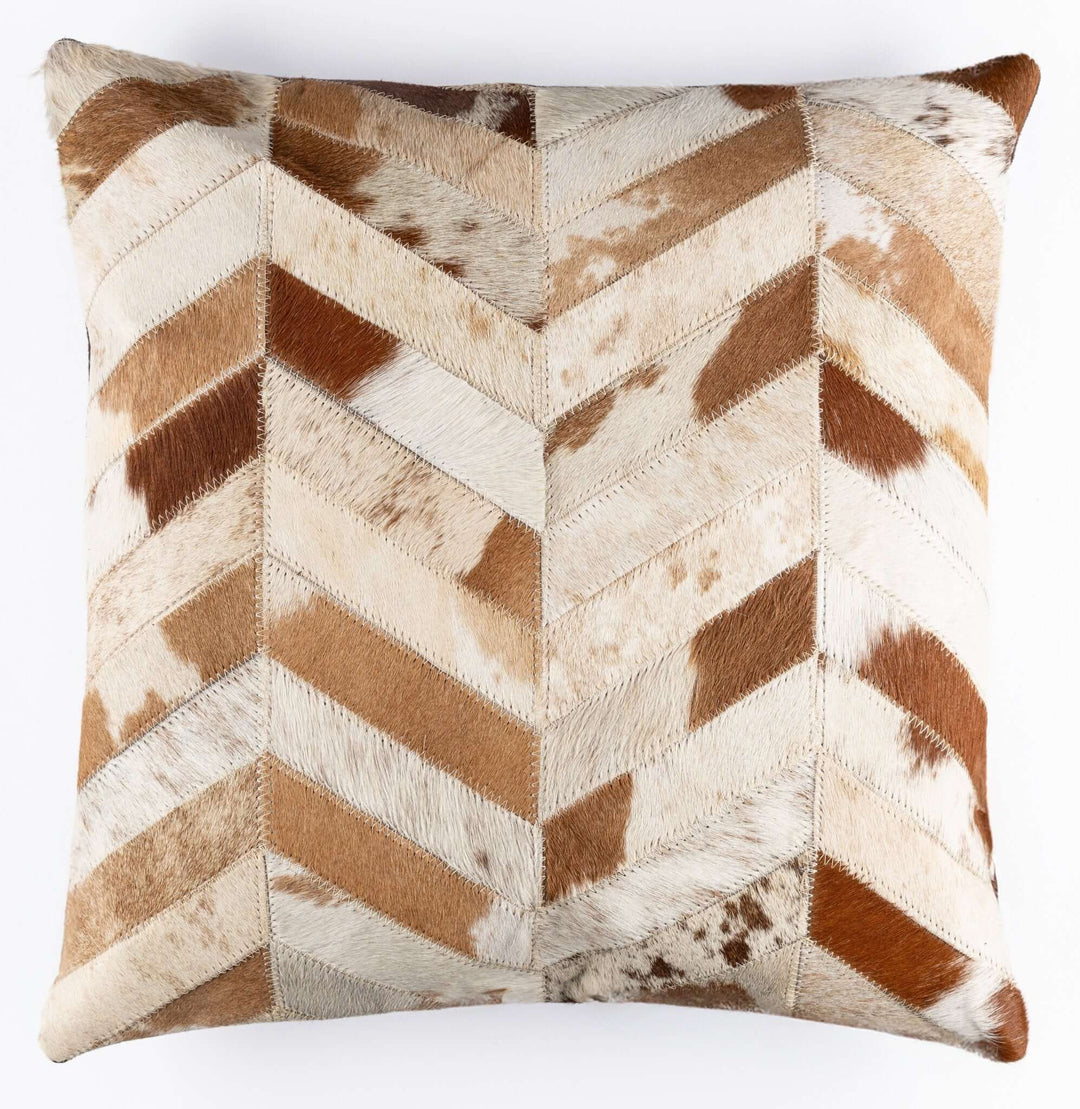 Decorative pillow with a chevron pattern in brown and beige on a white background