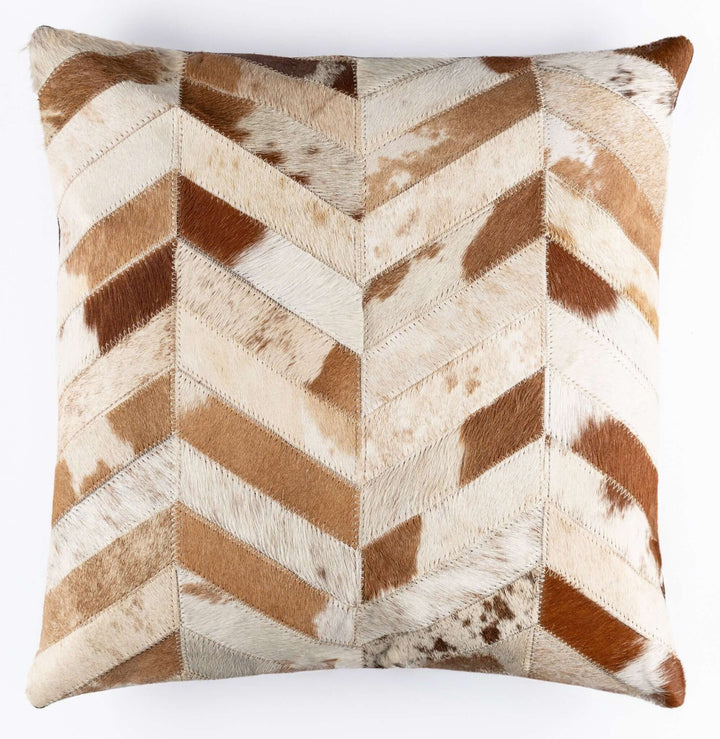 Decorative pillow with a chevron pattern in brown and beige on a white background