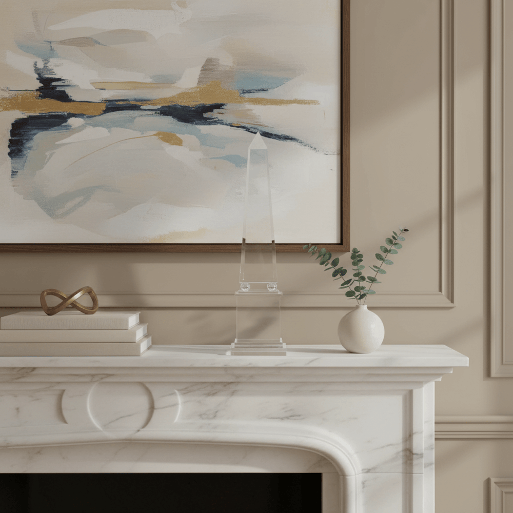 Elegant display of Handcrafted Crystal Obelisk Sculpture on a fireplace mantel with decor accents.