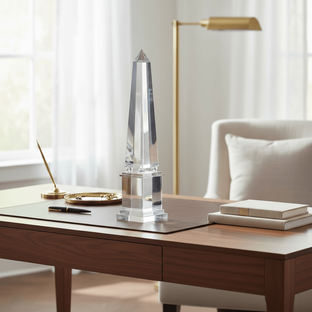 Handcrafted Crystal Obelisk Sculpture on a wooden desk next to books and a pen.