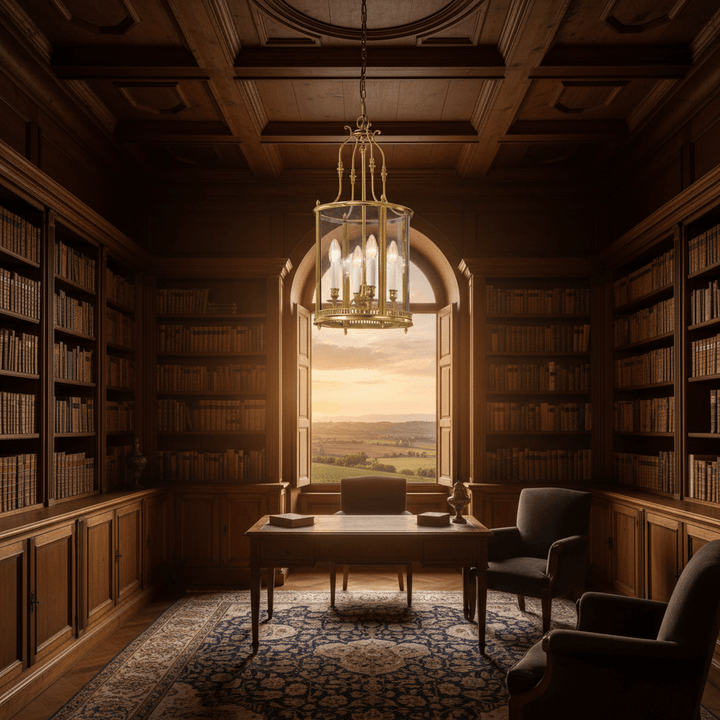 Study with chandelier, wooden bookshelves, a desk, chairs