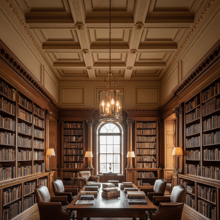 Grand library with bookshelves, a table, and chairs under a coffered ceiling with a chandelier hanging over the table