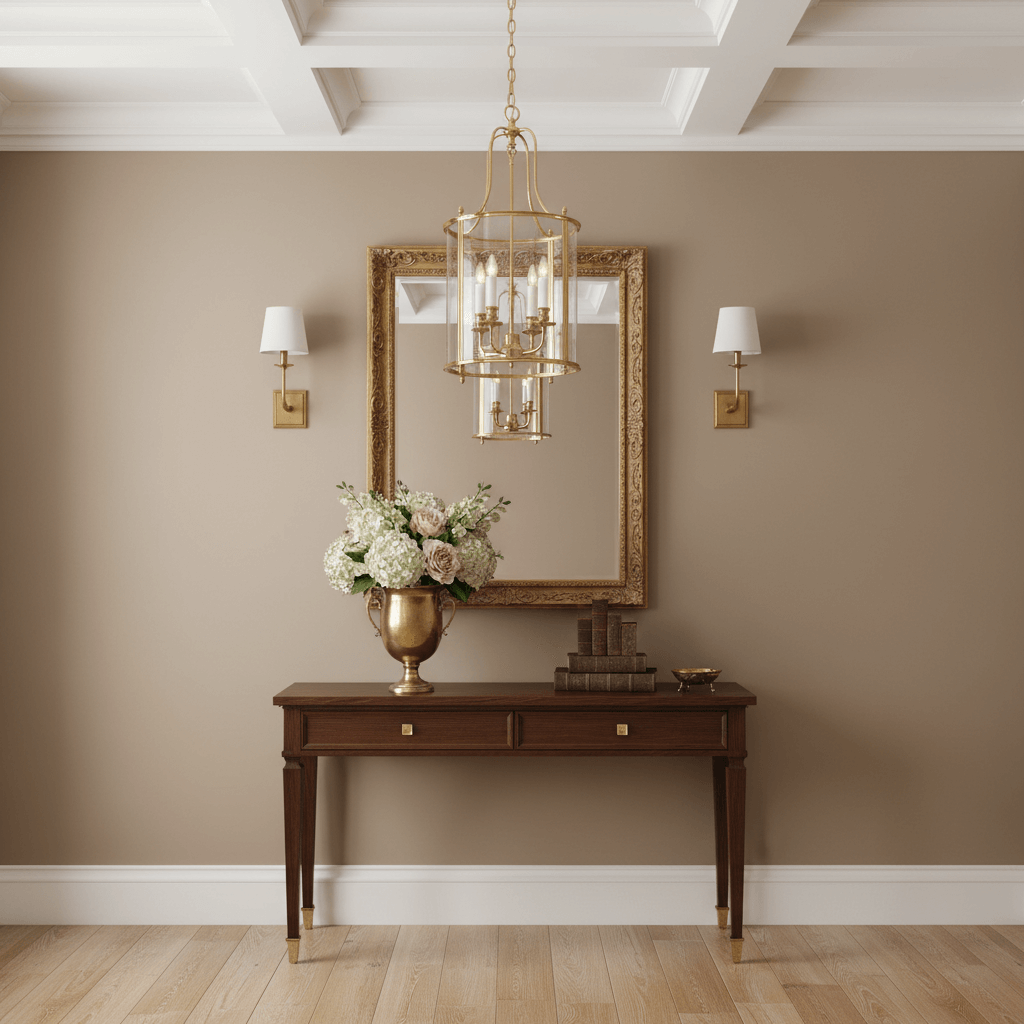 Decorative interior with brass chandelier hanging over a wooden console table, mirror, and floral arrangement.