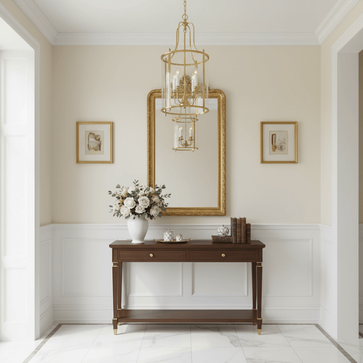Decorative brass chandelier with a wooden console table, mirror, and floral arrangement.