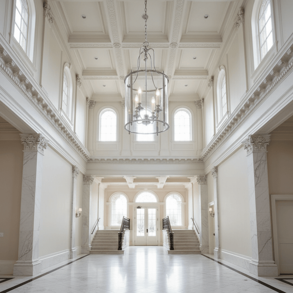Grand hallway with high ceilings, chandelier, and large windows.