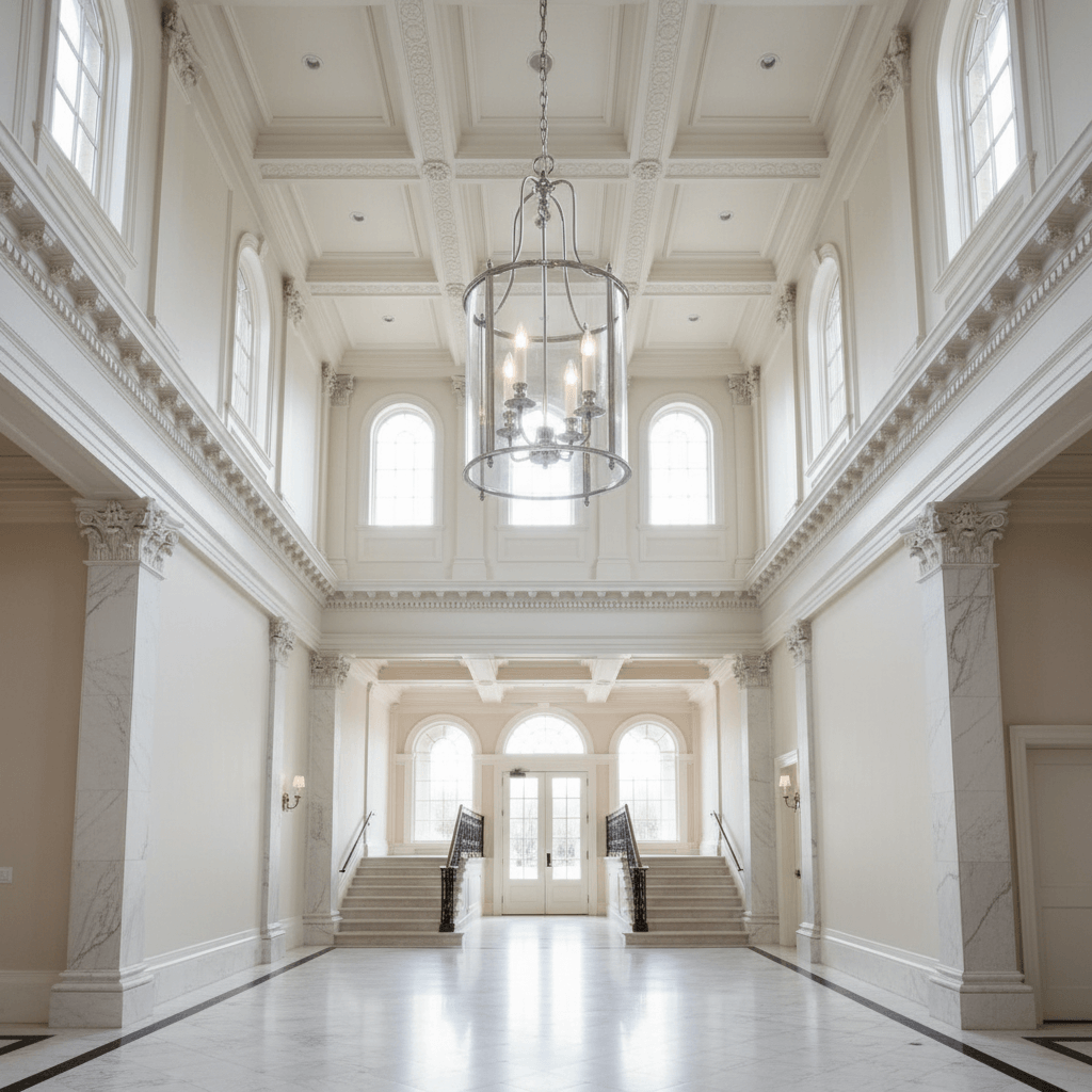Grand hallway with high ceilings, chandelier, and large windows.