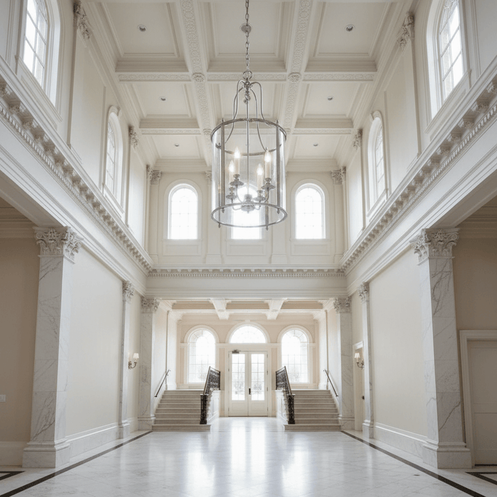 Grand hallway with high ceilings, chandelier, and large windows.