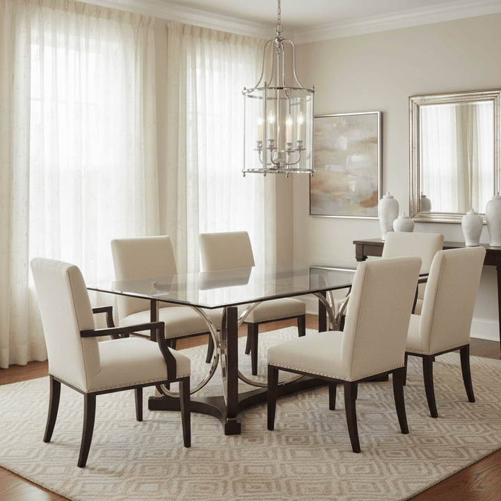 Dining room with a chandelier, glass table and cream chairs, featuring a chandelier and artwork on the wall.