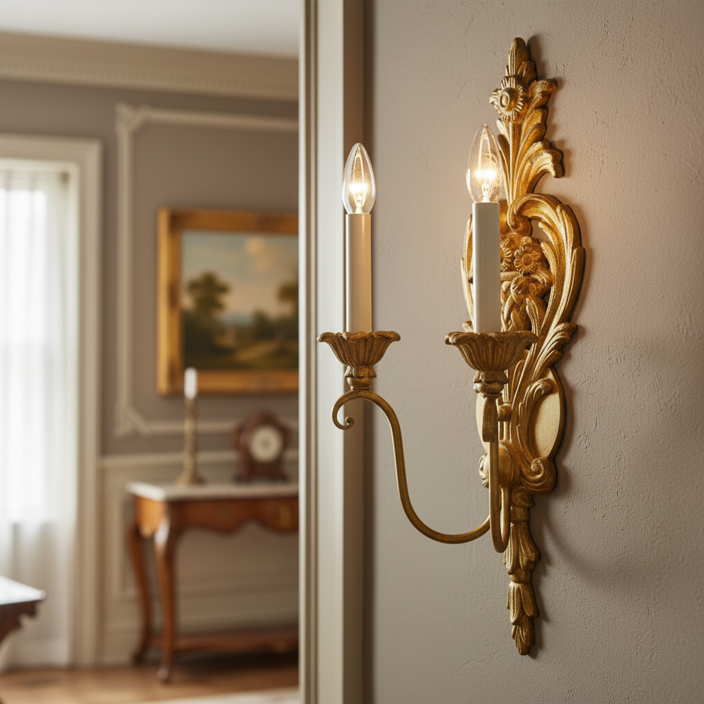 Decorative gold wall sconce with two lit candles on a beige wall.