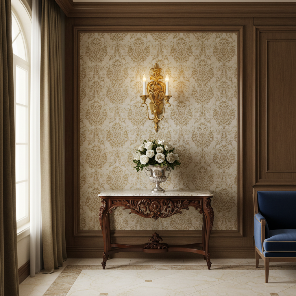 Luxurious interior with ornate wall sconce, floral arrangement, and blue armchair.