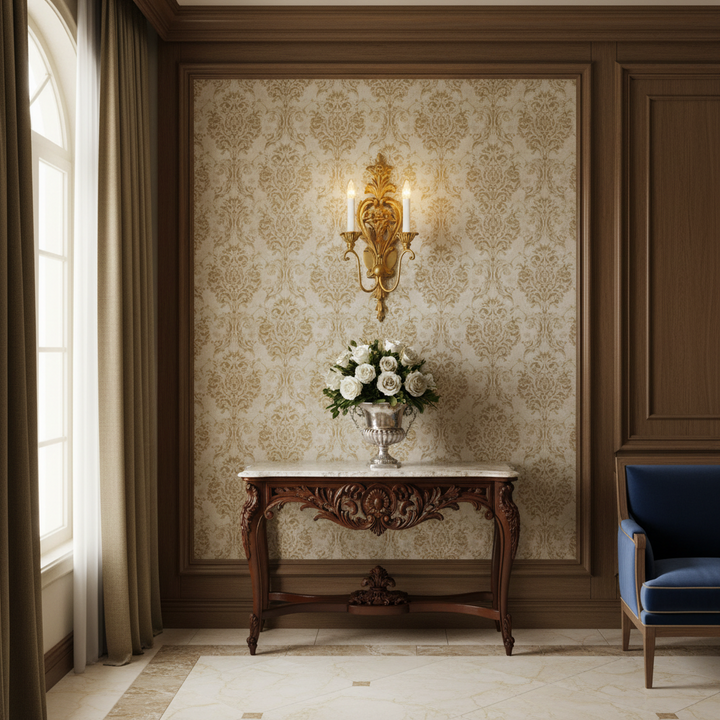 Luxurious interior with ornate wall sconce, floral arrangement, and blue armchair.