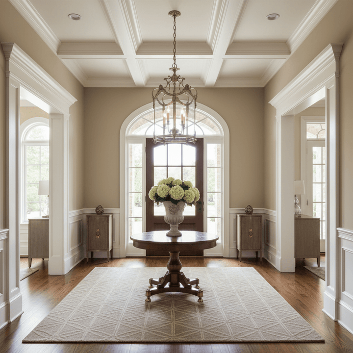 Elegant interior with a chandelier, round table, and floral arrangement in a well-lit room.