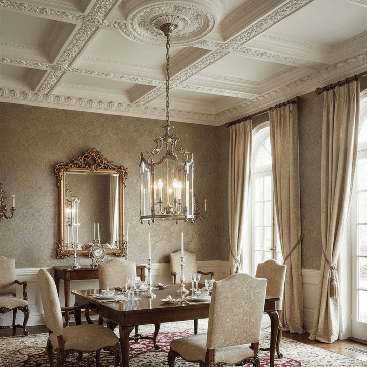 Elegant dining room with ornate ceiling, large mirror, and formal table setting with a silver chandelier.