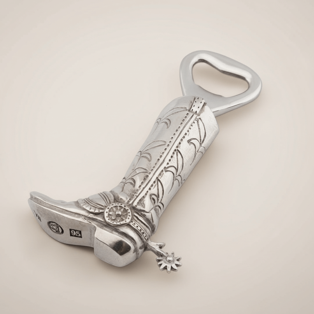 Silver boot-shaped bottle opener with intricate designs on a beige background