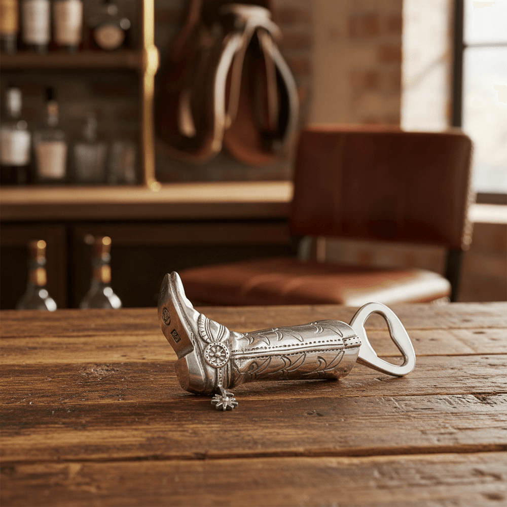Decorative cowboy boot bottle opener on a wooden table with a bar setting in the background