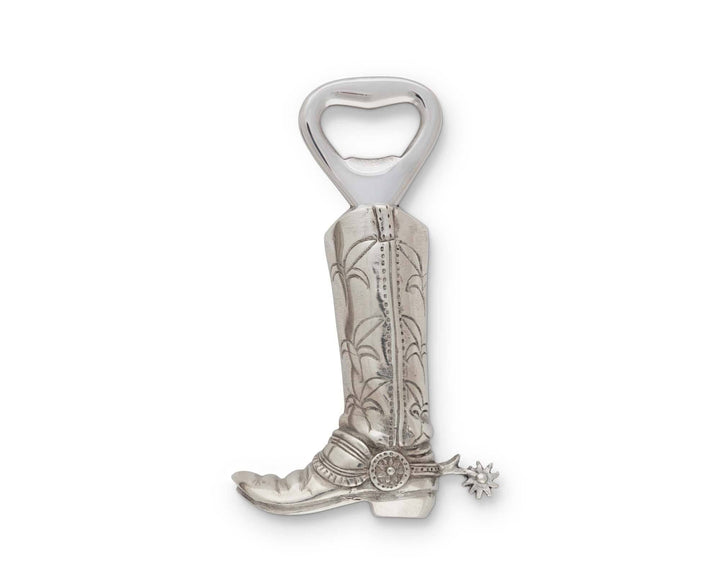 Silver cowboy boot bottle opener on a white background