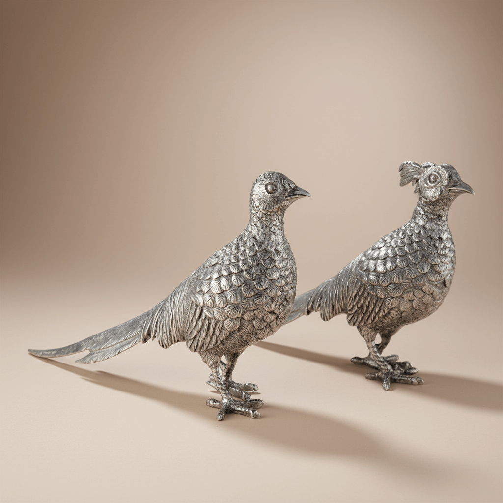 Two silver pheasant sculptures on a beige background