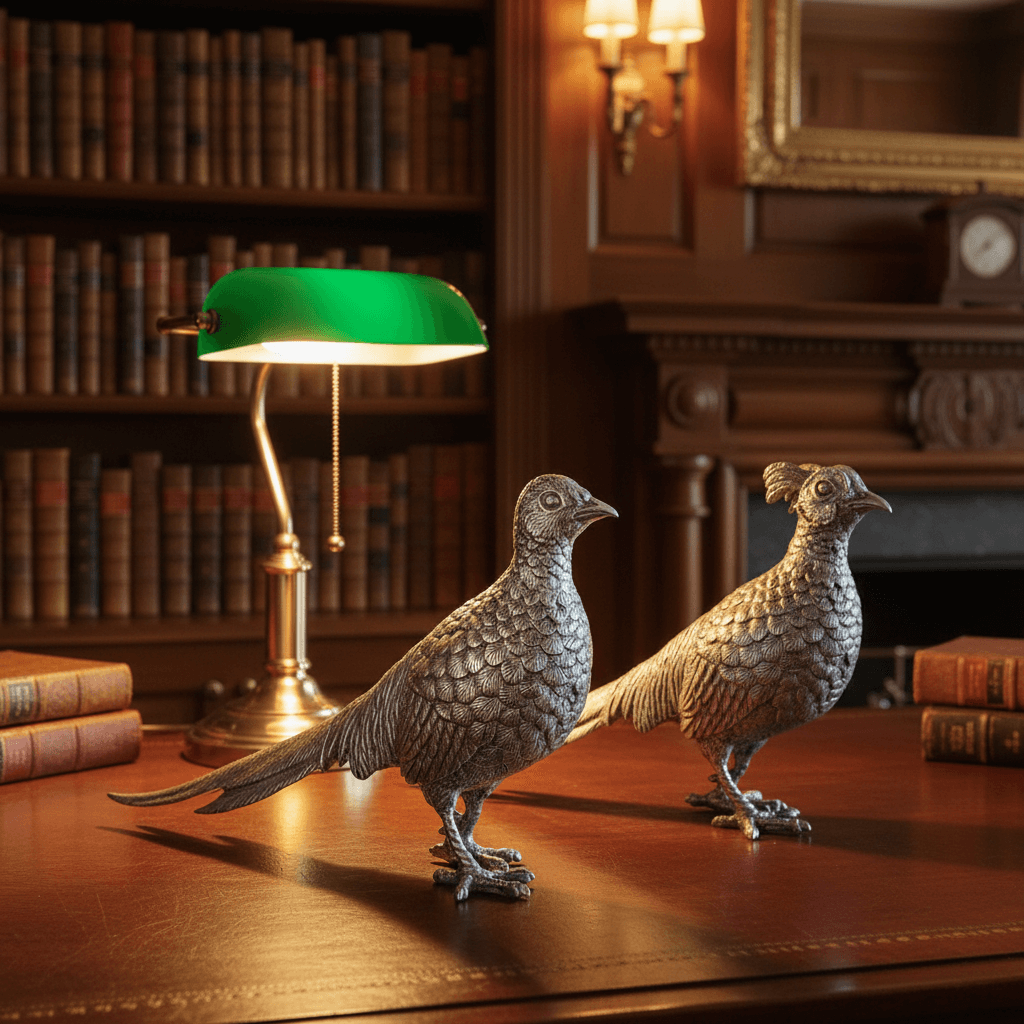 Two pewter bird sculptures on a wooden desk with a green lamp and bookshelf in the background.