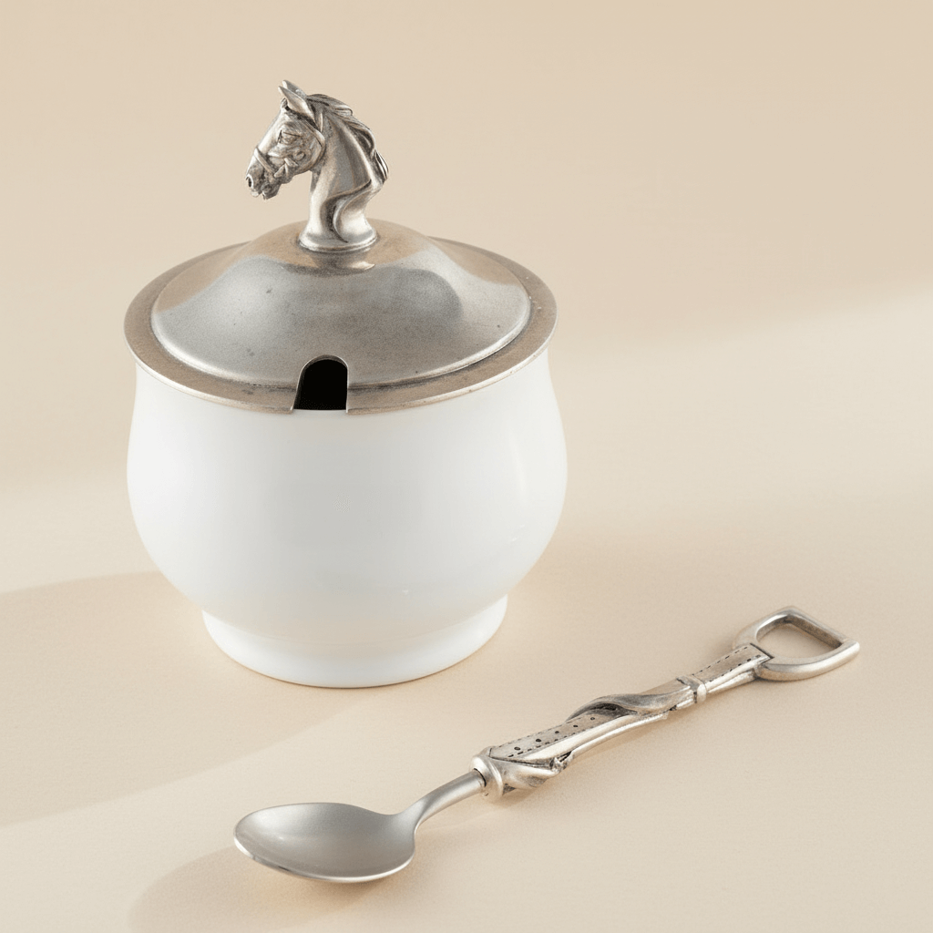 Decorative sugar bowl with horse finial and matching spoon on a beige background