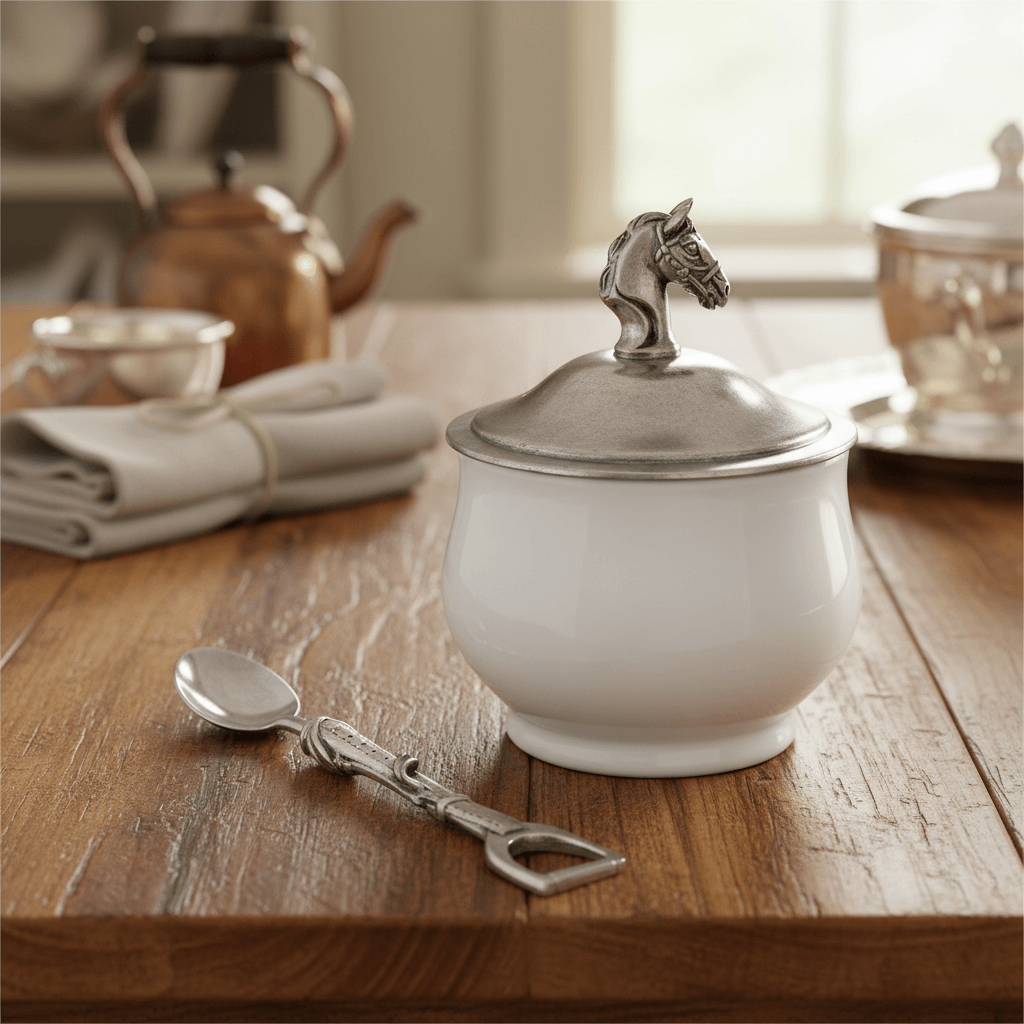 White ceramic sugar bowl with silver lid and horse finial on a wooden table, accompanied by a silver spoon.