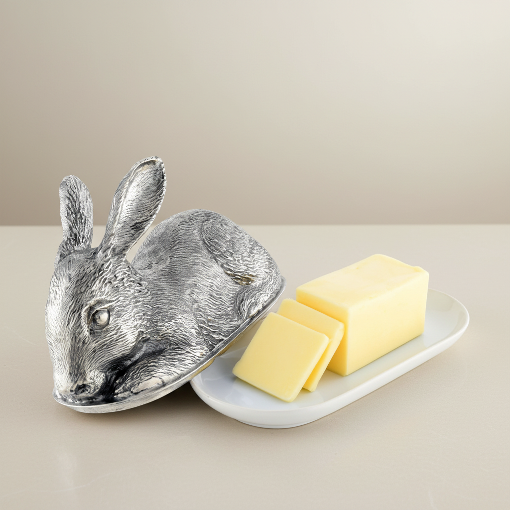 Handcrafted Pewter Rabbit Butter Dish with butter