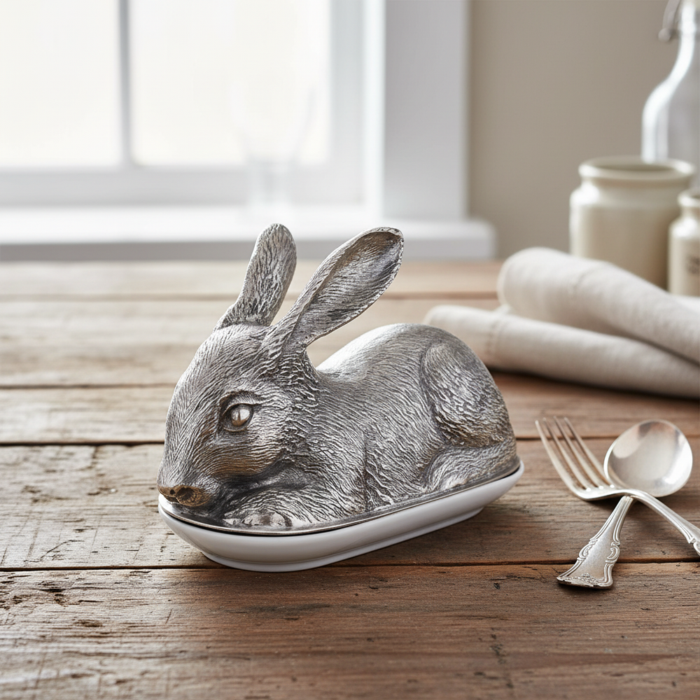 Decorative rabbit-shaped butter dish on a wooden table with utensils.