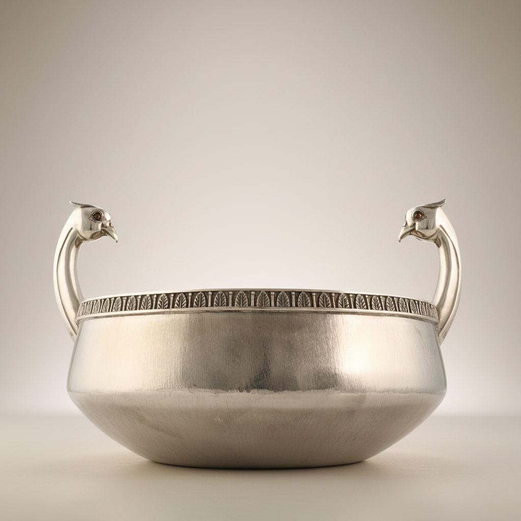 Silver bowl with pheasant handles on a beige background