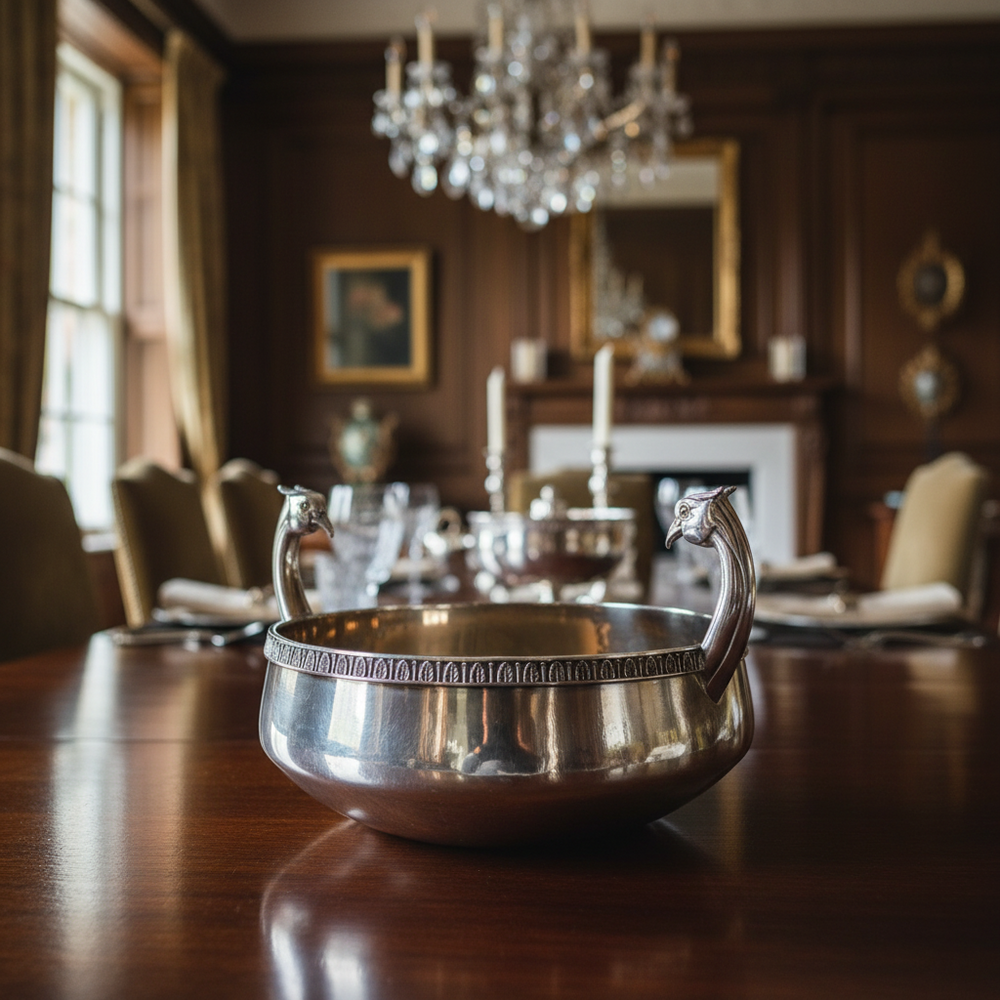 Silver bowl with pheasant handles on a wooden table in a formal dining room.