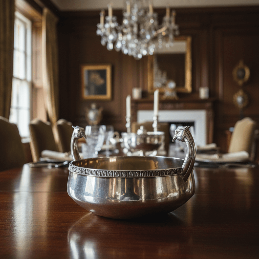 Silver bowl with pheasant handles on a wooden table in a formal dining room.