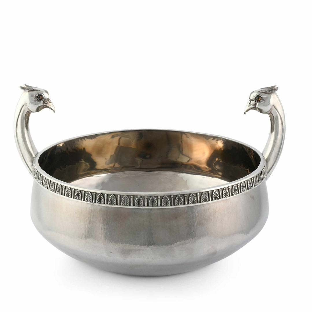 Silver bowl with handles on a white background