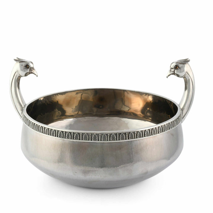 Silver bowl with handles on a white background