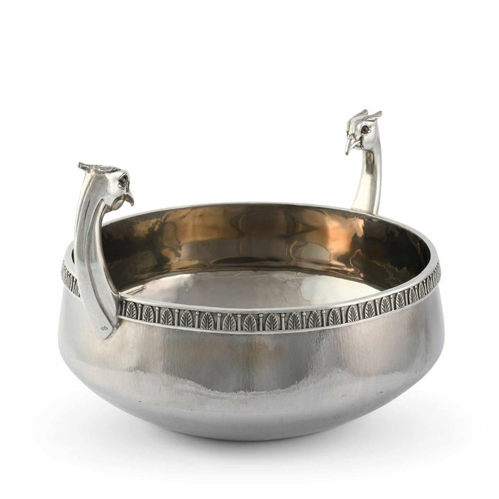 Silver bowl with pheasant handles on a white background