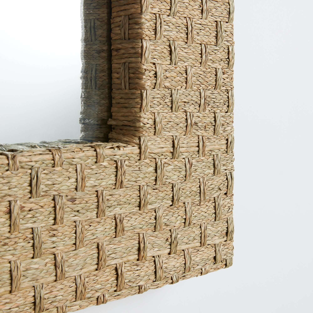 Handwoven Rectangle Water Grass Wall Mirror closeup on handwoven water grass frame