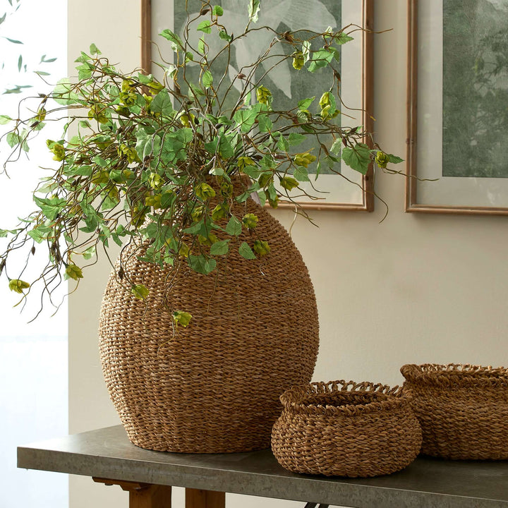 Handwoven Seagrass Teardrop Vase for Boho and Coastal Decor with plant inside