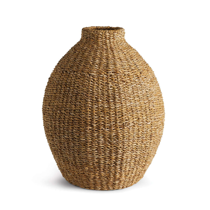 Handwoven Seagrass Teardrop Vase for Boho and Coastal Decor on white
