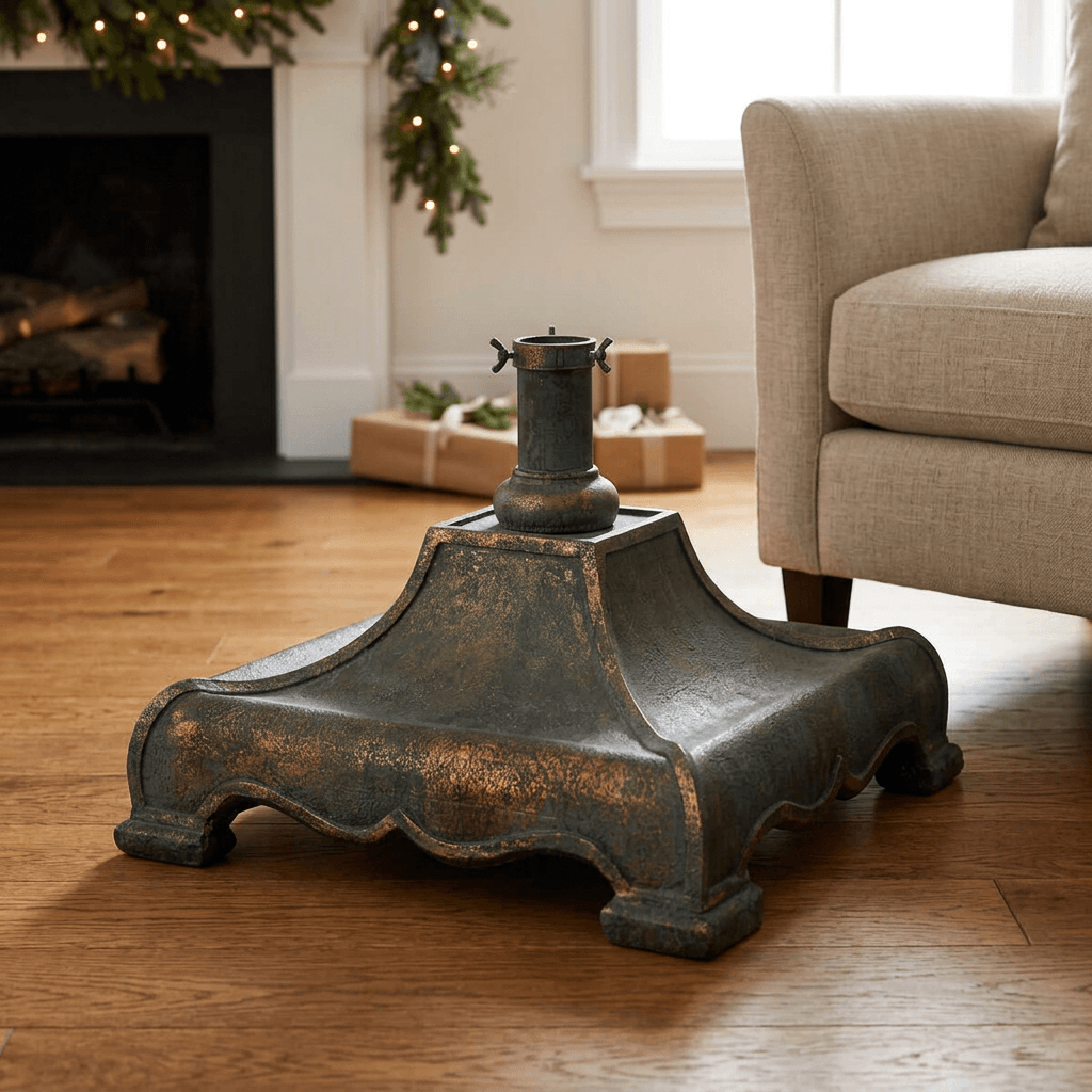 Hearthmere Christmas tree stand in Bronze with a sculpted scalloped base on an oak floor in a softly decorated holiday interior.
