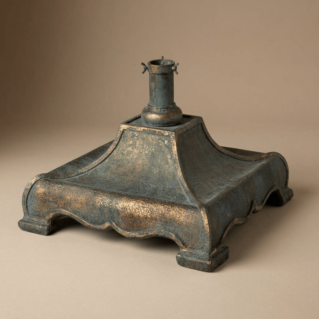 Three-quarter studio view of the Bronze Hearthmere Christmas tree stand with sculpted sides, shaped feet, and an empty central socket.