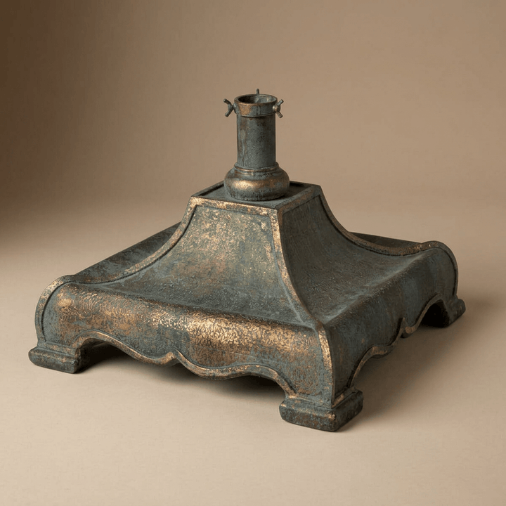 Three-quarter studio view of the Bronze Hearthmere Christmas tree stand with sculpted sides, shaped feet, and an empty central socket.