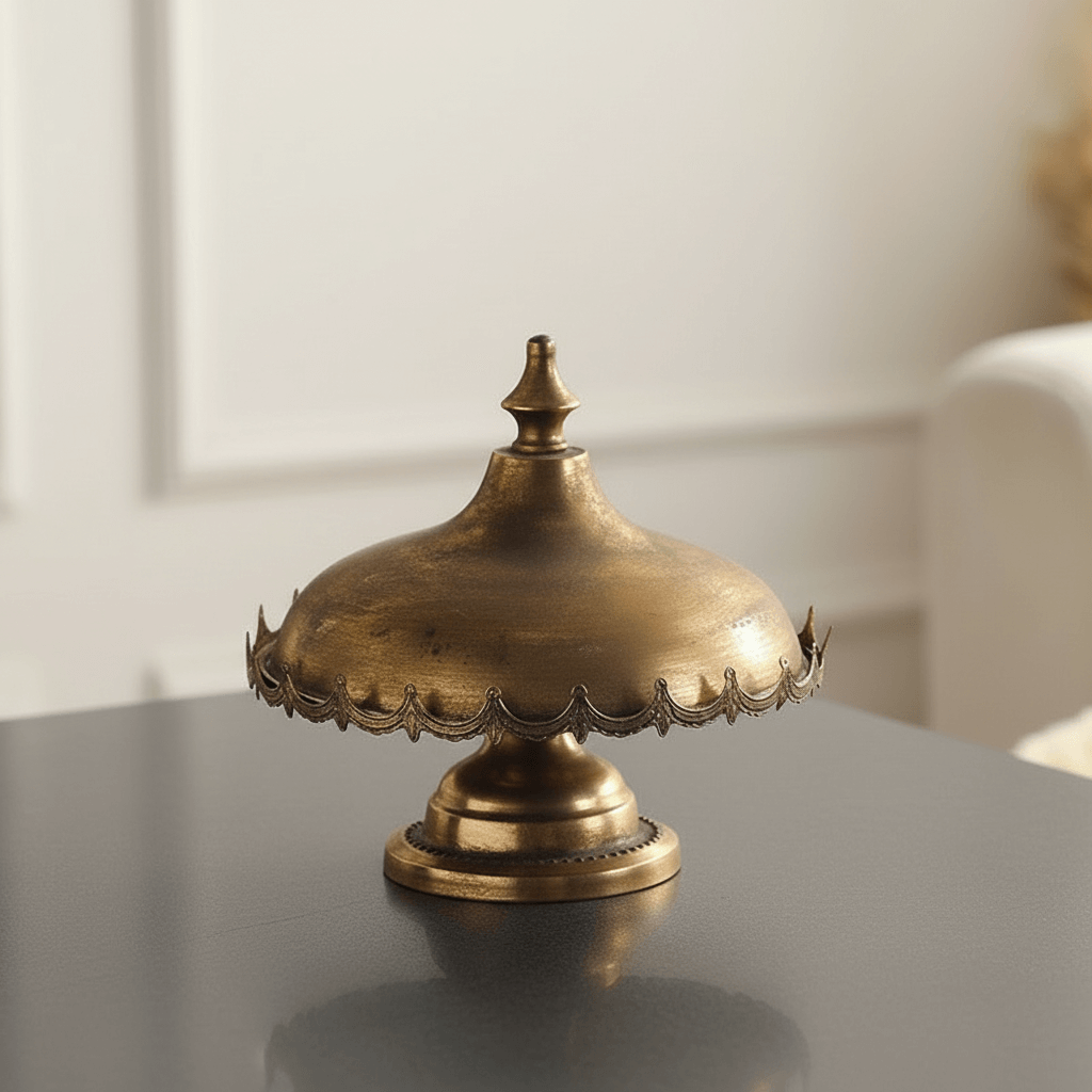 Metal cloche on a reflective surface with a blurred background